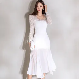 Casual Dresses Elegant White Evening Party Dress Autumn 22024 Fashion Long Sleeve Lace Chiffon Patchwork Slim Wrap Hip Sexy Fishtail