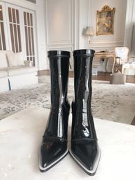 Boots 2024 Autumn Winter Brand Women's Mid-calf 9cm High Glossy Black Pointed Toe Stiletto Fashion Versatile Shoes