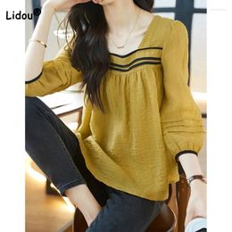 Women's Blouses Sweet Fashion Contrast Color 3/4 Sleeve Blouse For Female Korean Loose Spliced Square Collar Shirt Summer Clothing