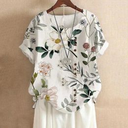 Women's Blouses Women Top Floral Print Summer T-shirt With Button Detail Loose Fit Casual Tee Shirt For Streetwear Style Round Neck