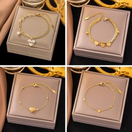 Charm Bracelets Stainless Steel Pearl Love Heart Bracelet For Women Girls Gold Color Vintage Wrist Chains Rustproof Birthday Party Jewelry