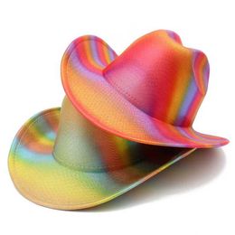 Wide Brim Hats Bucket Hats New rainbow striped cowboy hat Colourful fedora western men and women party carnival decorated holiday hat Y240425