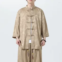 Men's Casual Shirts M-5XL Men Autumn Chinese Style Shirt Top Mandarin Collar 3/4 Sleeve Traditional Tai Chi Tang Tops Uniform