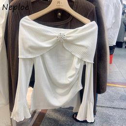 Women's T Shirts Neploe CHic Sexy E-Girls One Shoulder Flare Sleeve Beaded Bow Top Femme 2024 Spring Irregular Hem Slim Fit Knitted T-Shirt