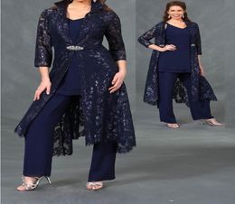 newest 3 piece mother of the bride pant suits with 34 lace sleeves jacket ankle length formal evening gowns plus size wedding gue7902513