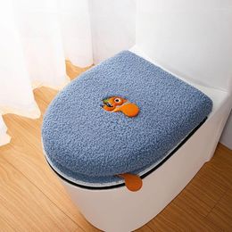 Toilet Seat Covers Plush Thickened Mat Zipper Style Waterproof Dust Cover Cartoon Cloth Sticker Handle Closestool Cushion