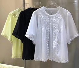Women's Blouses Tops Fashion Designer 2024 Summer Clothes Ladies Hollow Out Embroidery Short Sleeve White Yellow Black Cotton