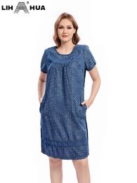 LIH HUA Womens Plus Size Denim Dress Summer Casual Cotton Woven Short Sleeve Round Neck 240417