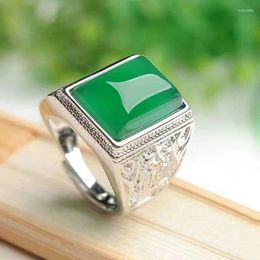 Cluster Rings Natural Seed Emperor Yang Green Chalcedony Inset S925 Men's Recruiting Treasure Square Ring Opening Design