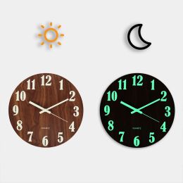 Clocks 12 Inch Luminous Wall Clock Wooden Design Round Wooden Clock Light in Dark Night Nordic Fashion Wall Clock for Living Room