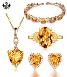 Fashion Small Fresh Citrine Bracelet 18k Golden Diamond Ring Yellow Sapphire Heartshaped Earrings Simple Love Necklace Set4907970