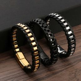 Beaded Classic Hand Woven Stainless Steel Leather Bracelets For Men Gold Black Color Charming Jewelry Punk Hip-Hop Bracelets Gift 240423