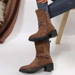 Boots Shoes For Women 2024 High Quality Belt Buckle Women's Fashion Side Zipp Modern Square Heel Mid-Calf