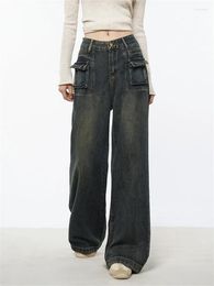 Women's Jeans Vintage Cargo Wide Leg American Street Style Cool Girl Bottoms Thin Straight Pant Female Denim Blue Baggy Trousers