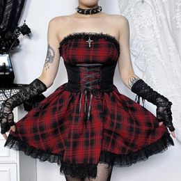 Casual Dresses ISAROSE Summer Gothic Dress For Women Strapless Contrast Colour Plaid High Waist Lace-up Back Strech Pleated A-line Lace