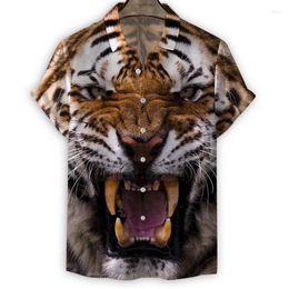 Men's Casual Shirts Fashion 3d Print Animal Tiger Shirt Men Summer Lapel Short Sleeves Hawaiian Harajuku Street Loose Blouse Tops Clothes