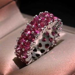 Band Rings New Arrival Big Bling Red Zircon Stone for Women Fashion Wedding Engagement Ring Hip Hop Jewelry gift H240425