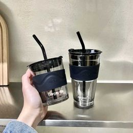 Tumblers 350ML Transparent Glass Straw Cup Glasses Drinkware With Lid And Household Coffee Leather Cover H240425