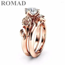 With Side Stones ROMAD 2024 2 Round Austrian Crystal Ring Set Jewelry Cubic Zirconia Rose Flower Wedding Rings For Women Bling Finger