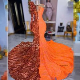 Sparkle Orange Prom Dresses for Black Girl Sheer Neck Mermaid Party Gowns Long Sleeve One Shoulder Sequin Vestidos De Festa