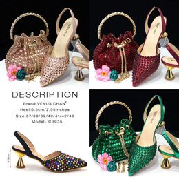 2023 Women Real Leather Summer Sandals 6.5CM Chunky High Heels Glass Rhinestone Pointed Toes Diamond with Bucket Hand Bag Wedding Dress Shoes Original Quality