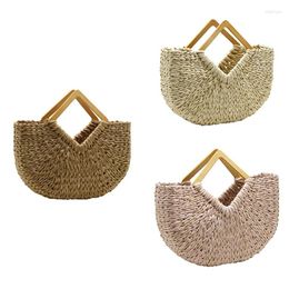 Drawstring Square Wooden Handle Half Moon Straw Tote Bag Women Designer Large Capacity Woven Beach Ladies Bohemia Handbag