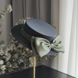 Berets Vintage Satin Velvet Formal Fedoras Women Green Bowknot Flat Jazz Hat Elegant Ladies Tea Cocktail Party Headpiece