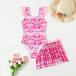 Swimwear New Girls One Piece Swimsuit with Beach Skirt pink mermaid Print Girls Summer Swimwear Kids Bathing Suits