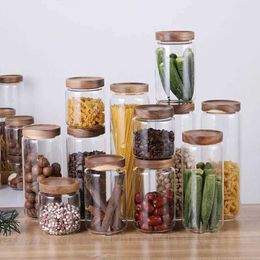 Food Savers Storage Containers Wooden glass airtight jar kitchen bottle storage sealed food container tea coffee beans grains candy H240425