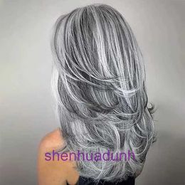 Designer high-quality wigs hair for women Womens medium length with slightly curled mixed Colour gradient Grey white womens synthetic wig full head cover