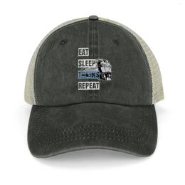 Ball Caps Eat Sleep Trains Repeat Model Railroading And Railways Funny Bold Design With Blue Text. Cowboy Hat