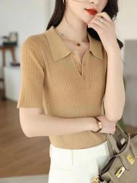 Women's Polos Spring Summer Women Cotton Knitted Polo Shirts Short Sleeve Tops Female Elastic Slim Casual Knit Tee Maiden T-Shirts