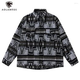 Men's Casual Shirts Vintage Long-Sleeved Shirt American Street Hip-Hop Jacket Geometric Pattern Printed Tops Oversized Thickened Thermal