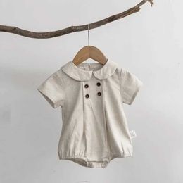 Rompers New Baby Bodysuit Peter Pan Collar Girls One Piece Breathable Linen Boys Clothes H240425