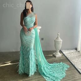 2024 Aso Ebi Sky Blue Mermaid Prom Dress Sequined Feather Evening Formal Party Second Reception 50th Birthday Engagement Gowns Dresses Robe De Soiree ZJ320