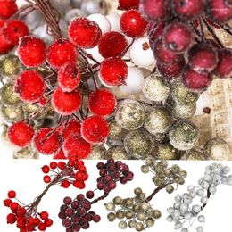 Decorative Flowers 20pcs/set Double Heads Artificial Berry Red Christmas Cherry For Wedding Party Box Xmas DIY Wreath Home Decorations Craft