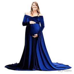 Maternity Dresses Velvet Off Shoulder Fitted Maternity Dress for Photo Shoot Baby Shower Long Sleeves Long Train Maternity Gown Winter Dress