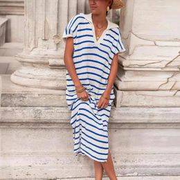 Casual Dresses Maxi Wrap Dress Women Fashion Loose Versatile Striped V Neck Low Slit Sweater For Off Shoulder