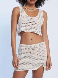 Work Dresses Women S Beach Cover Up Set Sleeveless Scoop Neckline Crochet Hollow Out Crop Tank Tops Slit Skirt Beachwear