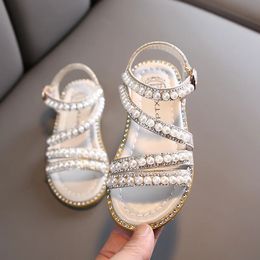 Girls Beading Sandals Summer Fashion Kids Baby Girls Bling Rhinestone Princess Single Sandals for Little Big Girls Shoes 240410