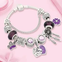 Charm Bracelets Dropship Purple Enamel Petal Flower Heart Bracelet Butterfly Dream Catcher Bead Fashion Women Gift