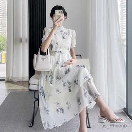 Maternity Dresses 2024 Summer Fashion Pregnant Woman Dress High Waist Puff Sleeve Chinese Style Maternity Cheongsam Dress Pregnancy Chiffon Dress