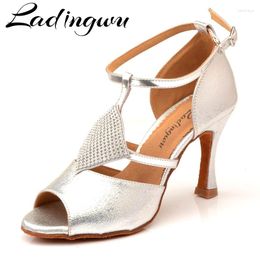 Dance Shoes Ladingwu Latin Women Elegant Design Salsa Silver Texture PU Ballroom Sotft Bottom Sandals