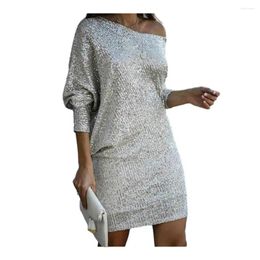 Casual Dresses Solid Colour Tight-fitting Dress Women Formal Sequined Shiny Sequin One Shoulder Evening For Slant Neck Three