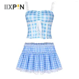 Skirts Womens Two-Pieces Plaid Outfit Lace Trim Spaghetti Crop Tops Square Neck Sleeveless Camisole Ruffled A-Line Mini Skirt Summer