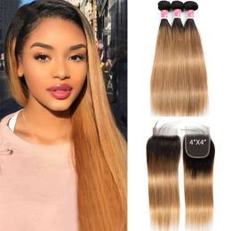 Wigs Wigs Ombre Blonde Bundles With Closure Brazilian Straight Human Hair 1B/27/30/99J Red Coloured Virgin Human Hair Weave Deal