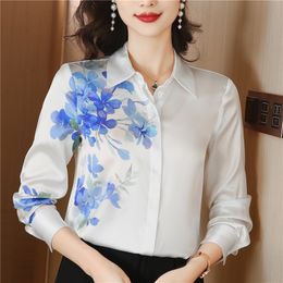 Designer Women White Floral Silk Shirt Long Sleeve Casual Lady Office Button Down Blouses Spring Autumn Woman Vintage Elegant Lapel Runway Sweet Cute Tops 2024