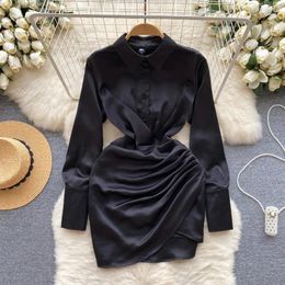 Casual Dresses Clothland Women Fashion Mini Shirt Dress Long Sleeve Turn Down Collar Pleated A Line Female Stylish Vestido QD326