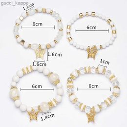 Beaded 4Pcs Bohemian Butterfly Charm Bracelet Set For Women White Acrylic Beads Chain Elastic Bangle Female Fashion Party Jewelry Gift