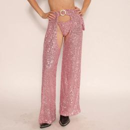 Women's Pants Women Sequin Sexy Open Crotch Sparkly Glitter Wide Leg Fashion Valentines Day Club Party Trousers